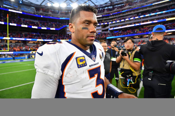 Dec 10, 2023; Inglewood, California, USA; Denver Broncos quarterback Russell Wilson (3) reacts following the victory against the Los Angeles Chargers at SoFi Stadium.